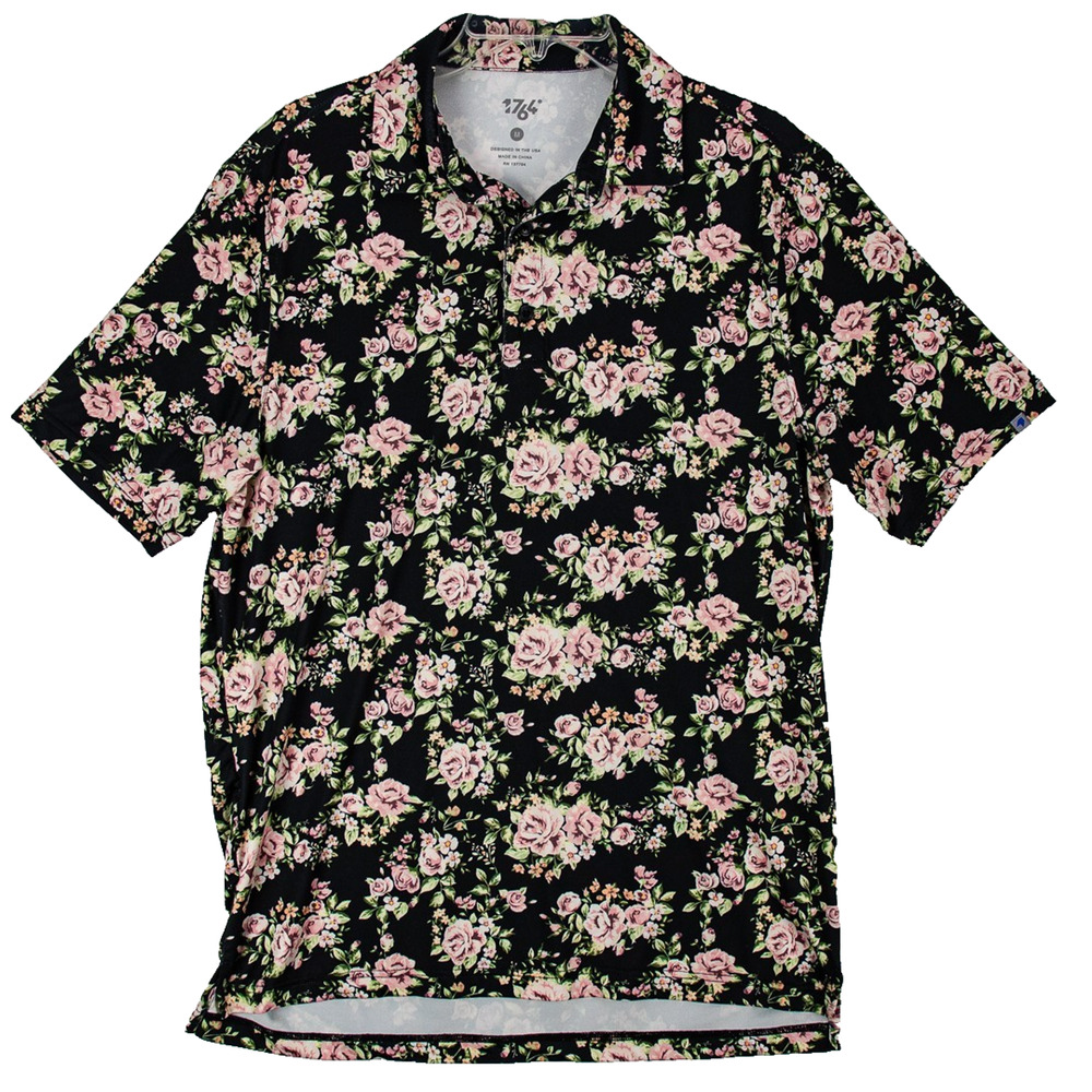 Men’s Floral Polo Shirt Medium Black Pink Stretch Golf Tropical Casual 1764